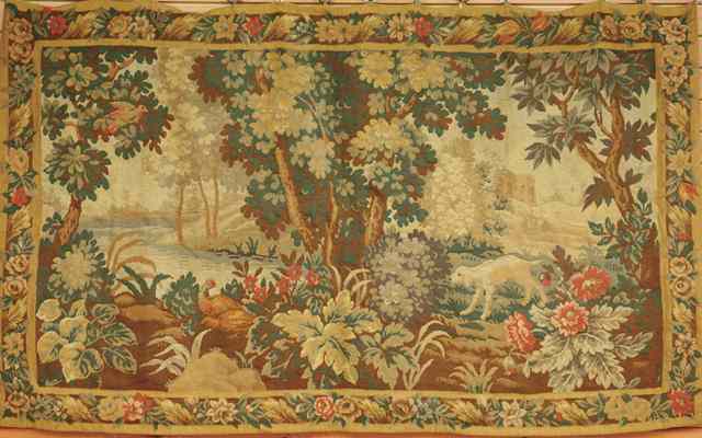 Appraisal: BRUSSELS BELGIAN TAPESTRY Landscape with hunting dog approaching pair pheasants