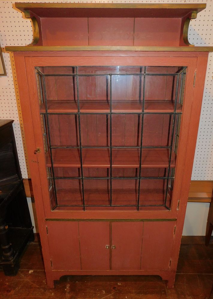 Appraisal: ARTS CRAFTS LEADED GLASS CABINET Circa solid oak cabinet or