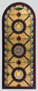 Appraisal: Leaded stained glass panel with cherubs Leaded stained glass panel