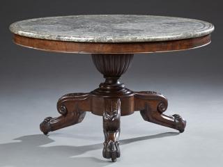 Appraisal: French Empire Style Carved Mahogany Marble Top Cen French Empire