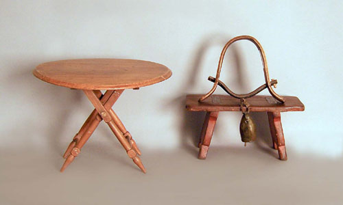 Appraisal: Miniature drop leaf table together with a stool and bell