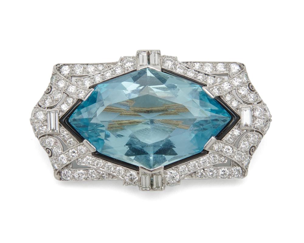 Appraisal: Platinum Aquamarine Diamond and Onyx Brooch the Art Deco brooch