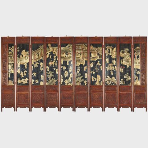 Appraisal: A Set of Ten Black Lacquer Painted Hanging Panels Painted