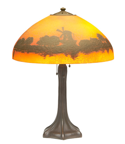 Appraisal: HANDEL Table lamp its etched glass shade reverse-painted with a