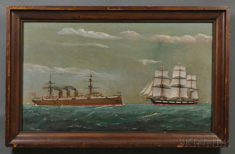 Appraisal: American School th Century Harbor Scene with Sailing and Steam