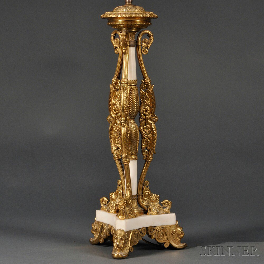 Appraisal: Gilt-bronze and Alabaster Table Lamp th century scrolled foliate and