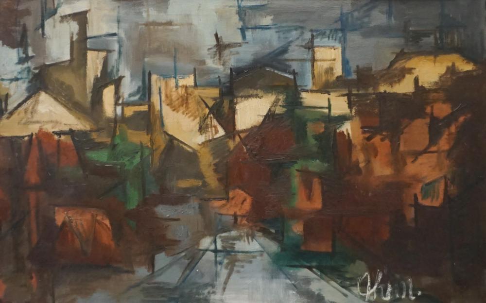 Appraisal: TH CENTURY SCHOOL ABSTRACT BUILDINGS OIL ON CANVAS SIGNED L