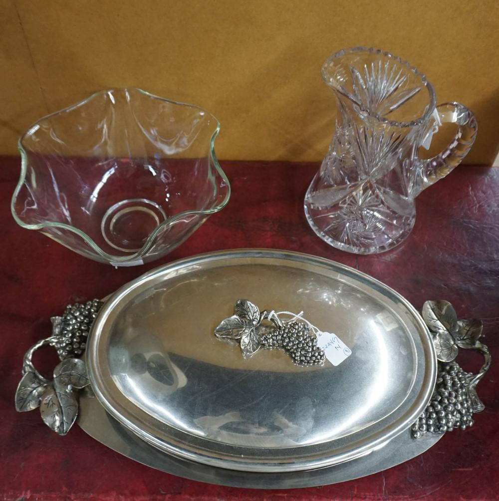 Appraisal: Cut Crystal Pitcher Glass Bowl and Silverplate Casserole Dish