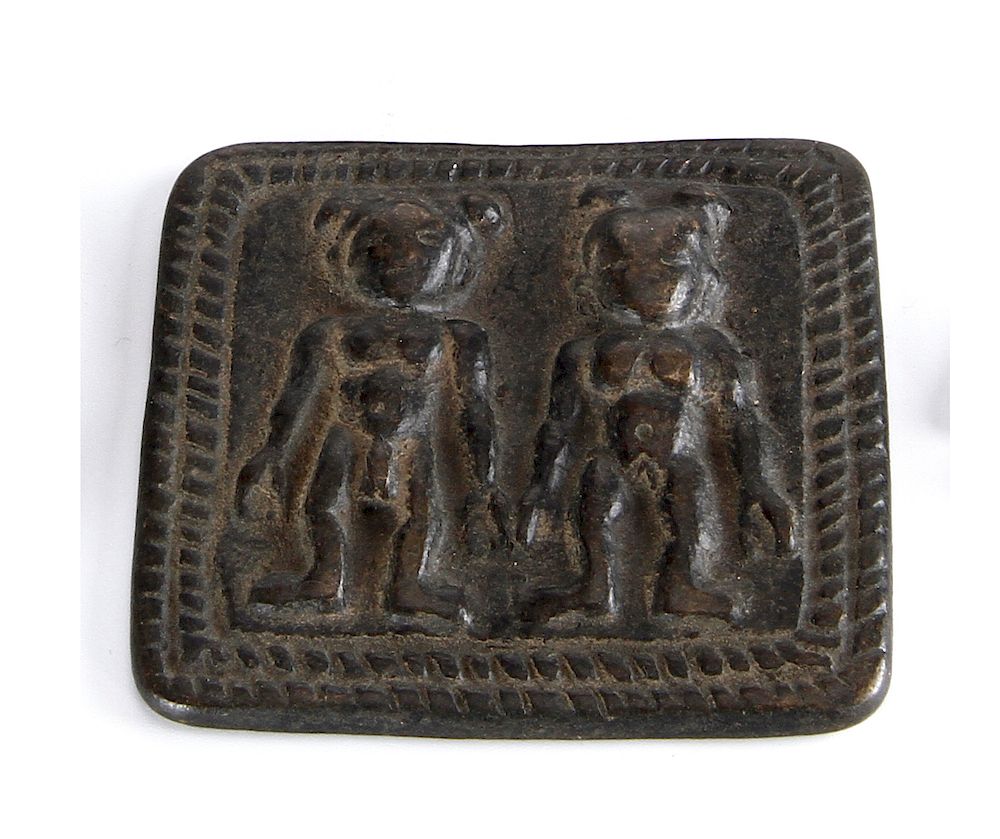 Appraisal: Bronze Ornament Bronze Ornament carved with two figures Width in