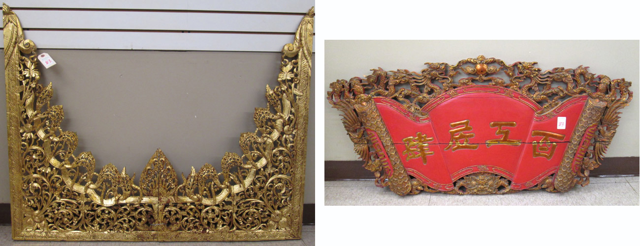 Appraisal: TWO CHINESE WOOD CARVINGS H x W red and gold