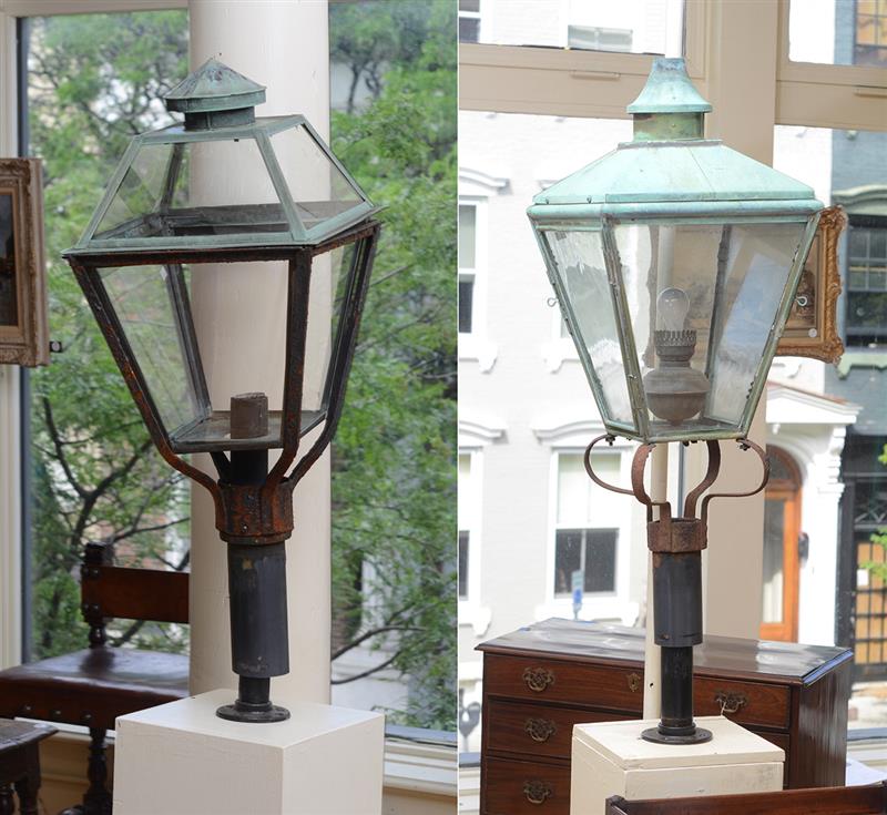 Appraisal: TWO PATINATED METAL LANTERNS C Each of tapered form fitted