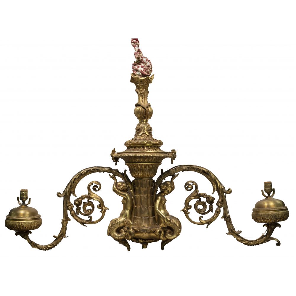 Appraisal: BRASS HANGING LIGHT FIXTUREEmbroidered cloth-wrapped chain holding a -armed gilt