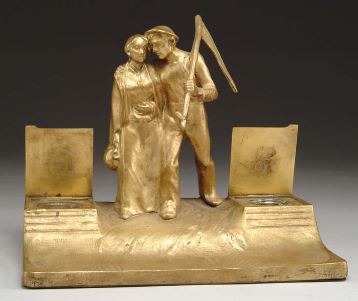 Appraisal: BRONZE DOUBLE INKWELL Fine gilt bronze double inkwell has two