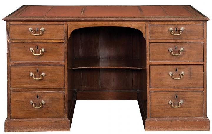 Appraisal: English Mahogany Double-Pedestal Desk The rectangular leather top raised on