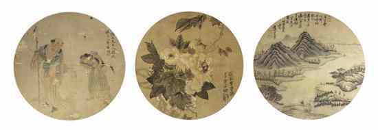 Appraisal: A Group of Three Roundel Paintings on Silk one depicting