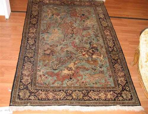 Appraisal: GHOM silk old Turquoise central field depicting a hunting scene