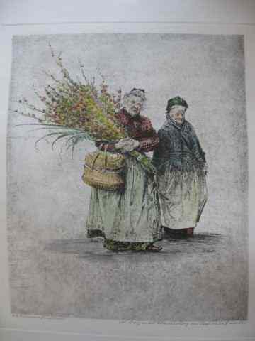 Appraisal: Paul Geissler Etching two older women with flowers image area