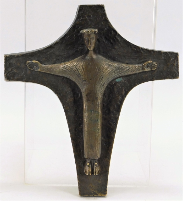 Appraisal: GERMAN SECESSIONIST MODERNIST BRONZE CRUCIFIX Germany Early th CenturyDepicts Jesus