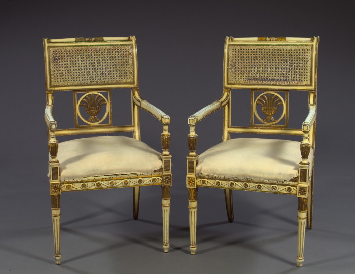 Appraisal: Attractive Pair of North Italian Carved Ivory-Painted Green-Banded and Parcel-Gilt