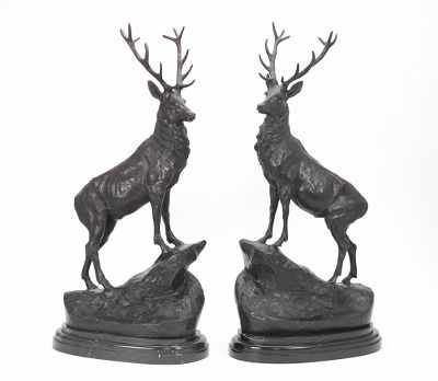 Appraisal: A Pair of Bronze Stags After Moigniez Cast bronze with