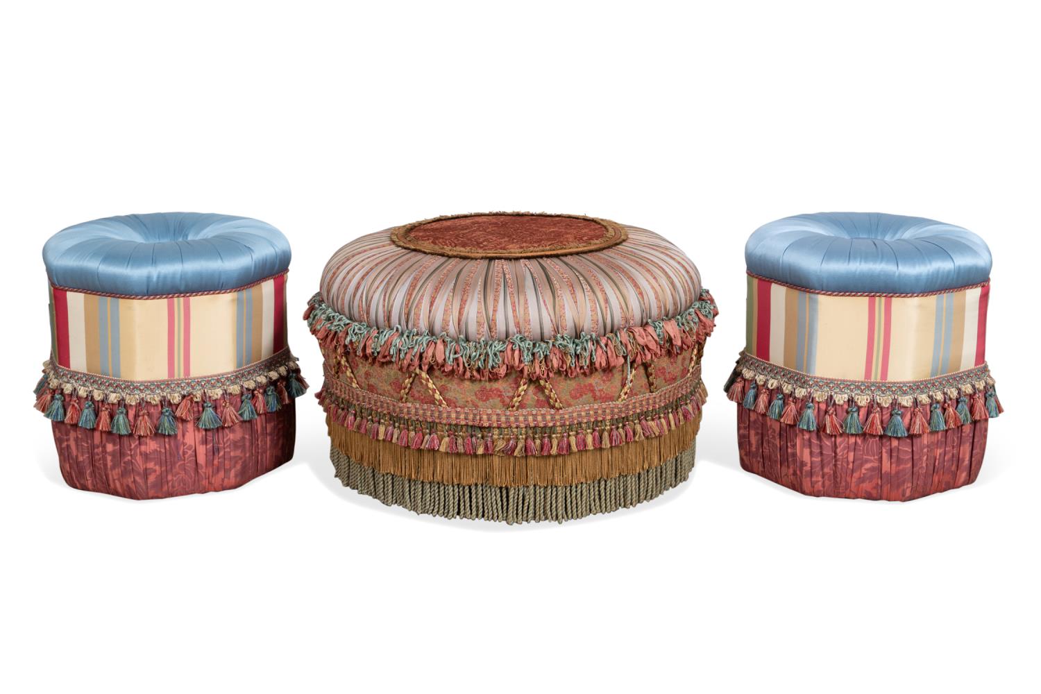 Appraisal: THREE SILK UPHOLSTERED PLEATED POOF OTTOMANS Group of three silk