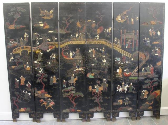 Appraisal: Antique Chinese Panel Hardstone Mounted LacquerScreen From a Scarsdale NY