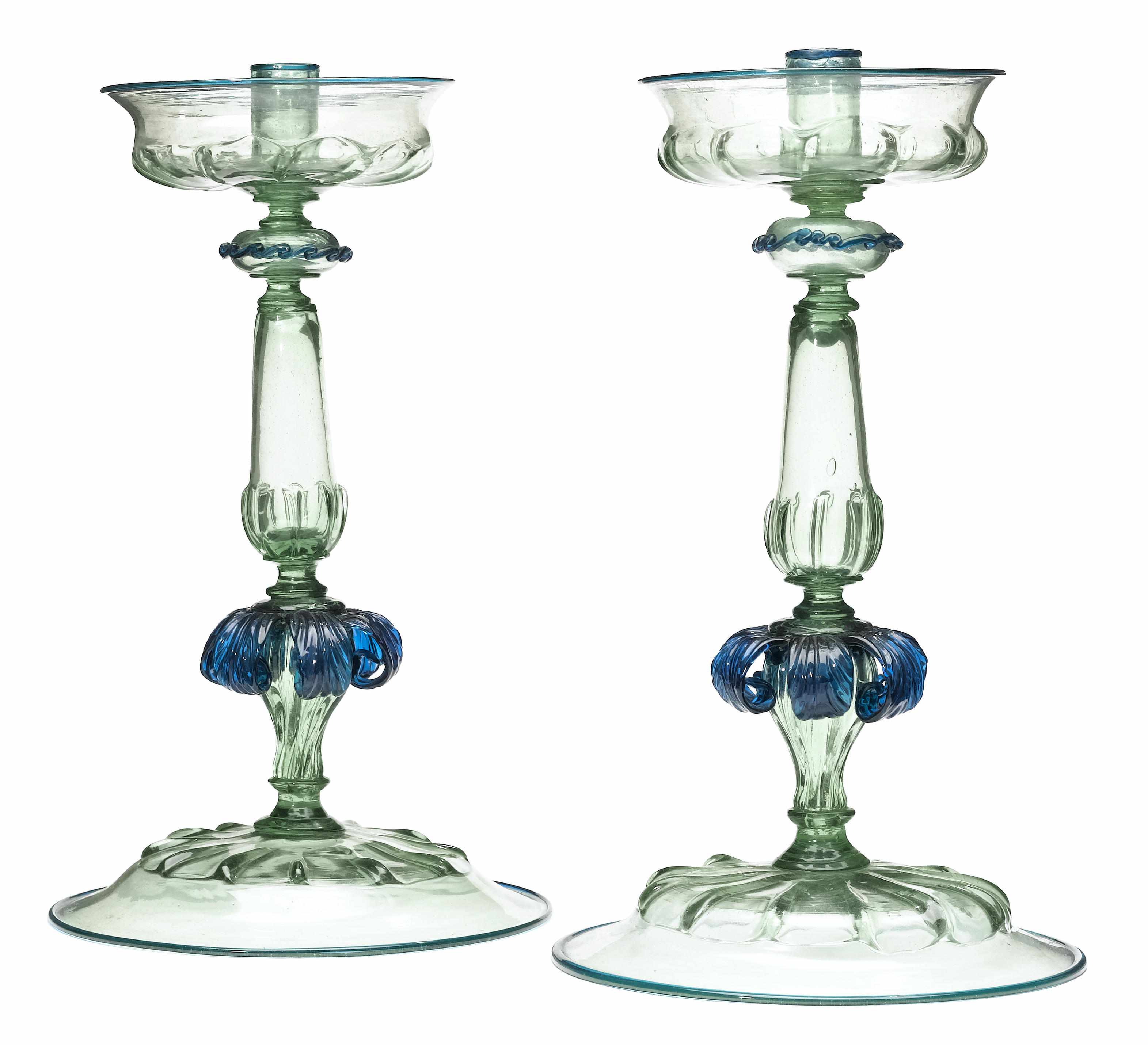 Appraisal: A large pair of Venetian colored glass candlesticks circa Each