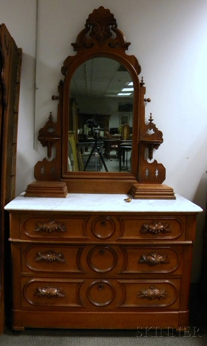 Appraisal: Victorian White Marble-top Carved Walnut Mirrored Dresser