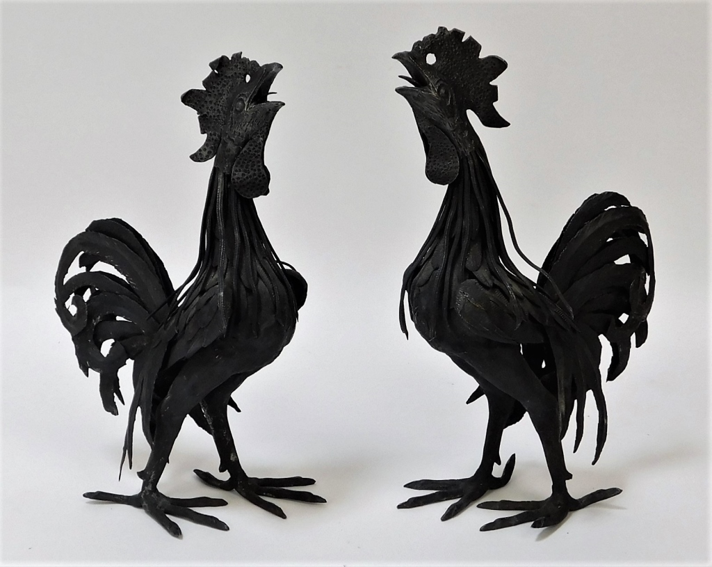 Appraisal: PR C MEXICAN MODERNIST WROUGHT IRON ROOSTERS Mexico Circa Finely