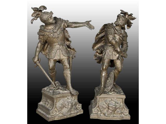 Appraisal: Pair of White Metal Statues of Warriors in Armor Description