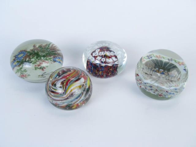 Appraisal: Four unmarked art glass paperweights including Home Sweet Home weight