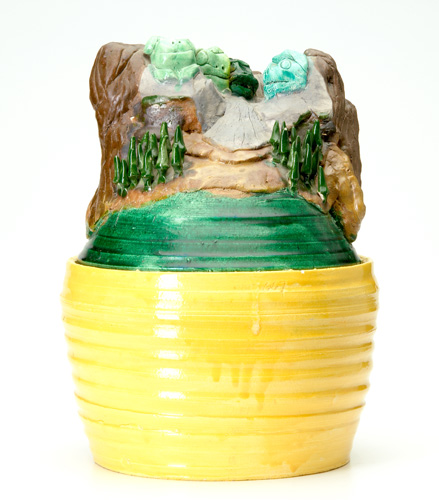 Appraisal: DAVID GILHOOLY Large sculptural covered vessel modeled with frogs as