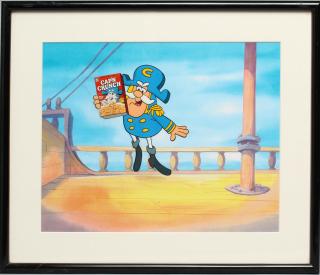 Appraisal: Hand Depicting Cap'n Crunch mid-air on a ship holding a