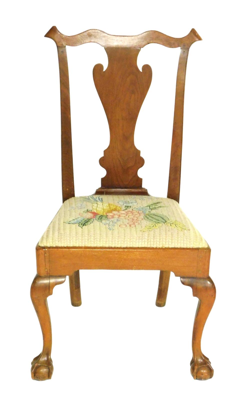 Appraisal: EARLY CHIPPENDALE SIDE CHAIR TH C SOLID SPLAT NEEDLEPOINT UPHOLSTERED