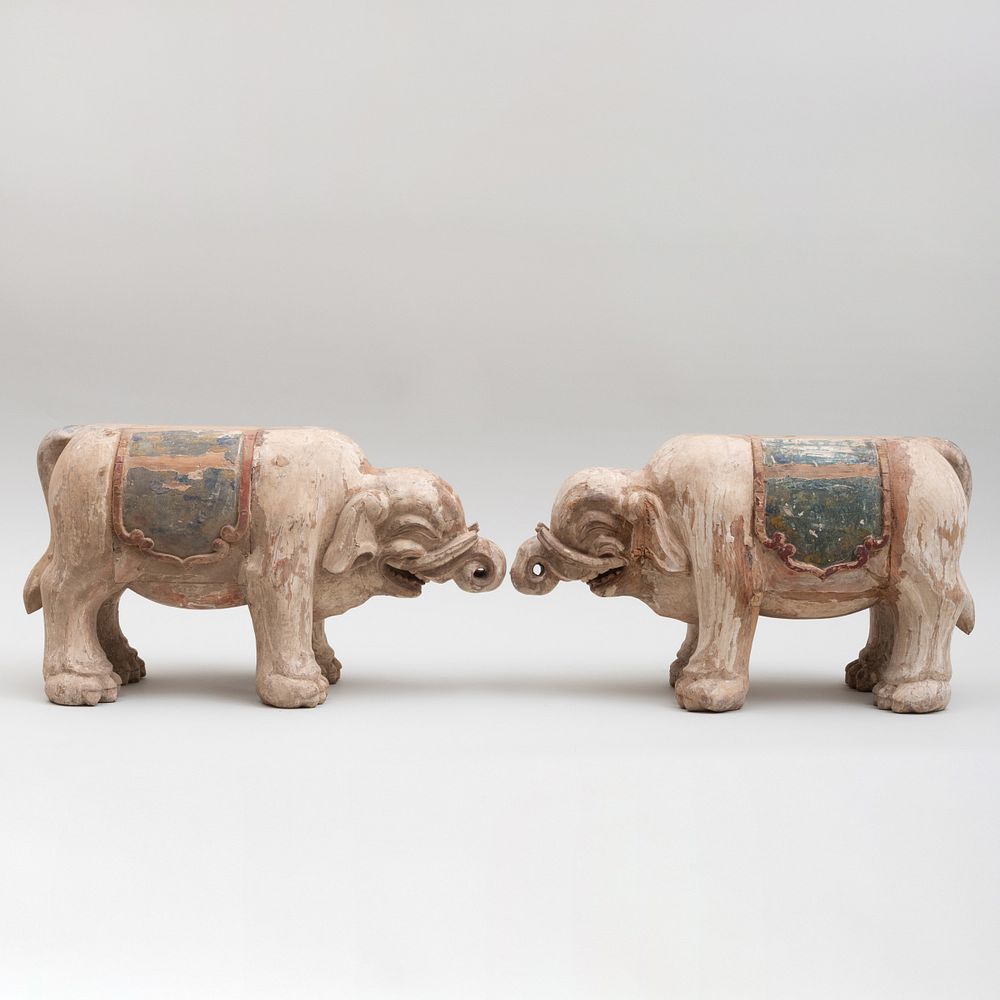 Appraisal: Pair of Japanese Polychrome Carved Wood Elephants Form Stands x