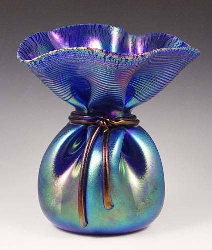 Appraisal: DAVID SMALLHOUSE ORIENT FLUME IRIDESCENT ART GLASS BAG VASE Sack