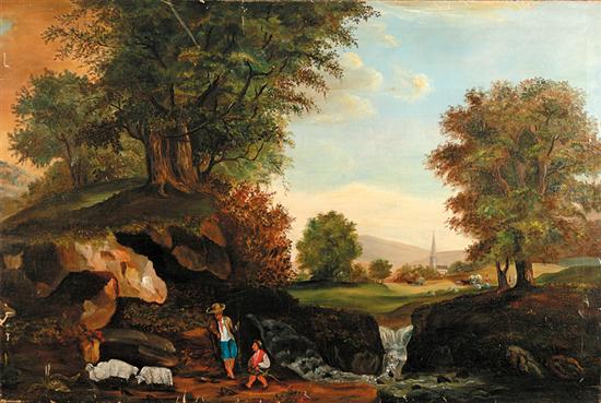 Appraisal: Continental school th century SHEPHERD WITH FLOCK NEAR WATERFALL oil