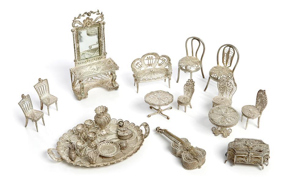 Appraisal: VICTORIAN AND LATER FILIGREE SILVER DOLLS HOUSE FURNITURE including tea