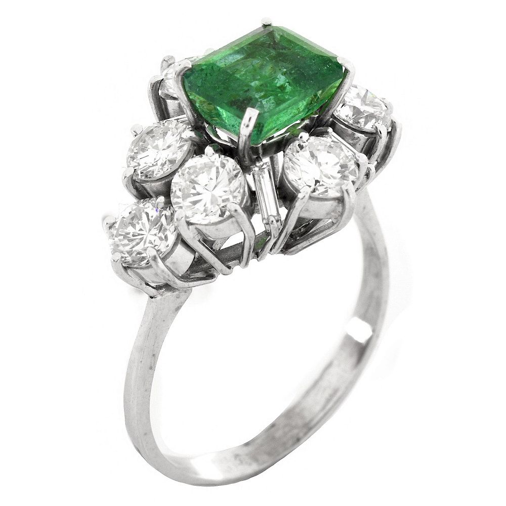 Appraisal: Diamond Emerald and Platinum Ring Vintage Approx Carat TW Round