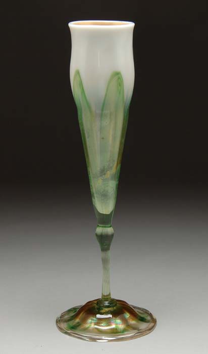 Appraisal: TIFFANY FLOWER FORM VASE Pulled transparent green pulled feather decoration