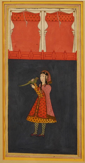 Appraisal: PROVINCIAL MUGHAL SCHOOLA girl holding a parakeet gouache on paper