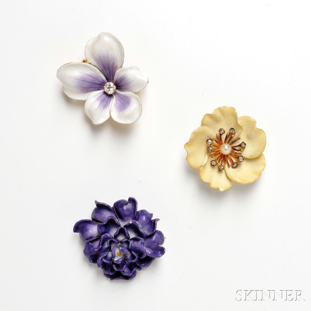 Appraisal: Three Enamel Art Nouveau Flower Pendant Brooches one violet one