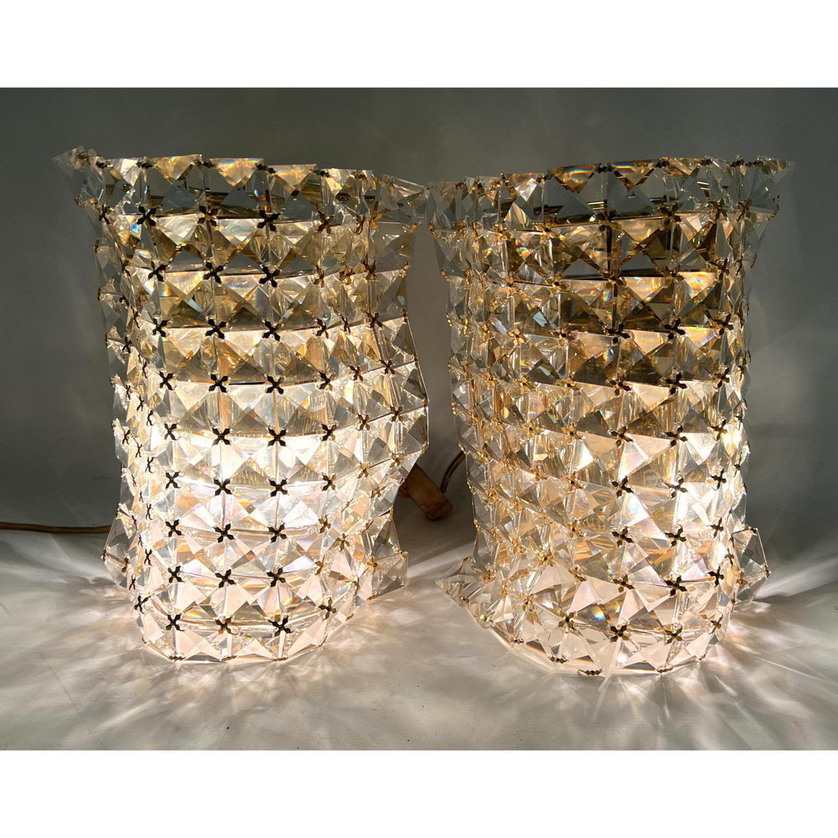 Appraisal: Pr Contemporary Square Crystal Prism Wall Sconces Gold Tone Connectors