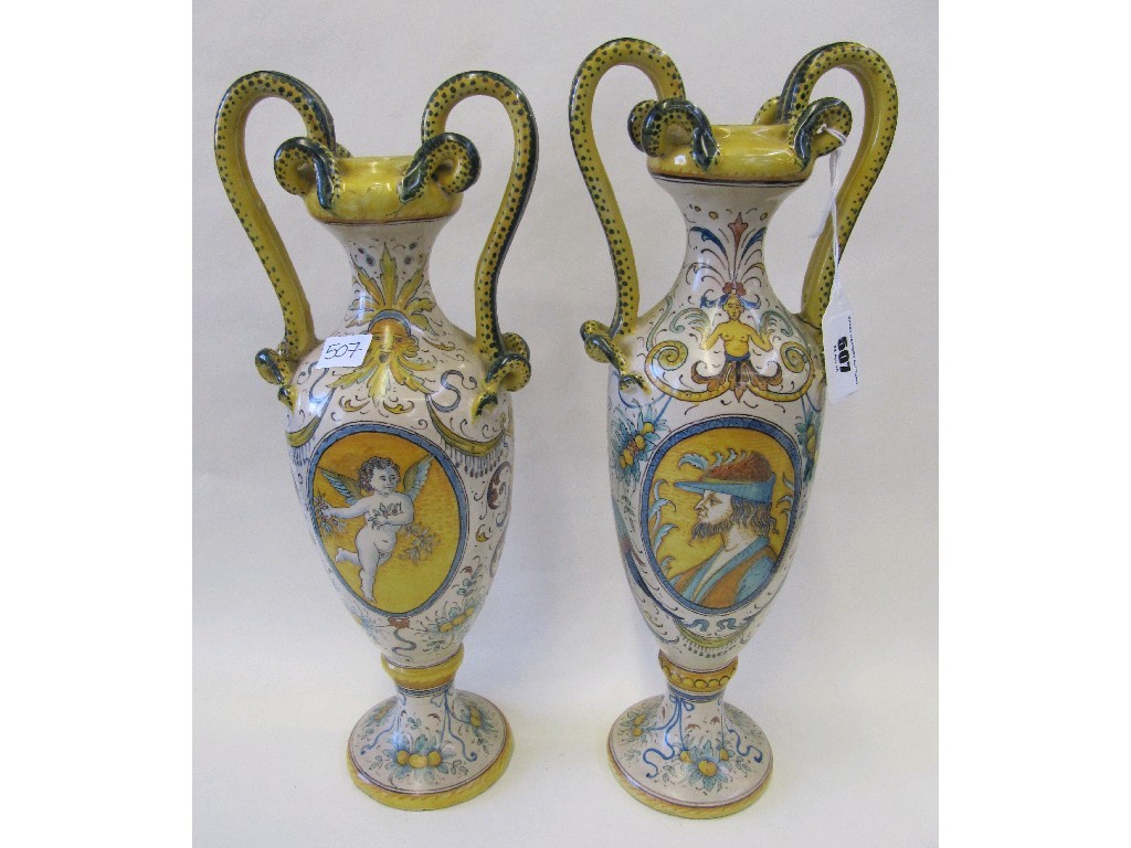 Appraisal: Two Italian tin glazed vases with serpent handles