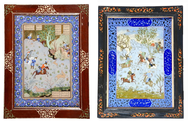 Appraisal: TWO INDO-PERSIAN SCHOOL GOUACHE PAINTINGS of a classical hunting scene