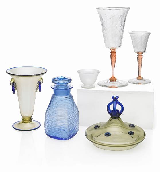 Appraisal: Seven Steuben colored glass decorative articles - comprising a verre