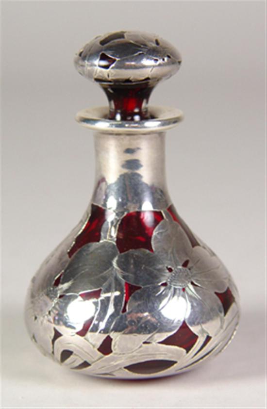 Appraisal: Cranberry Glass Perfume in Sterling Silver Overlay Overlay marked Sterling