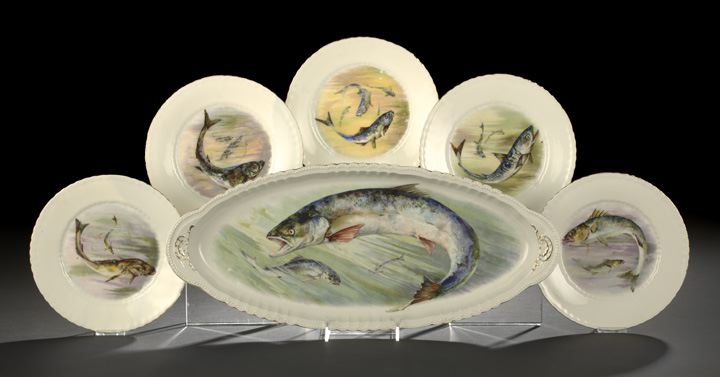 Appraisal: Six-Piece Victoria Porcelain Works Austria Hand-Painted Porcelain Fish Service first