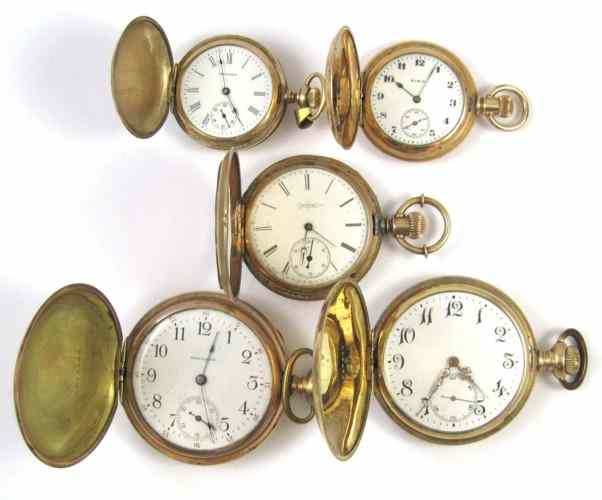 Appraisal: FIVE HUNTER CASE POCKET WATCHES Waltham model grade jewels size