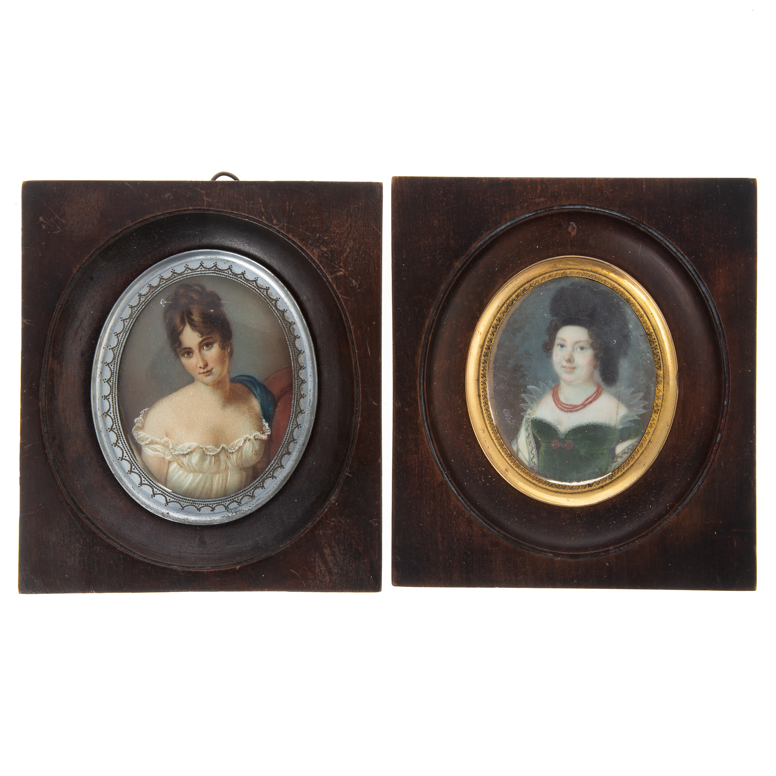 Appraisal: TWO ENGLISH SCHOOL PORTRAIT MINIATURES th century gouaches portraits of